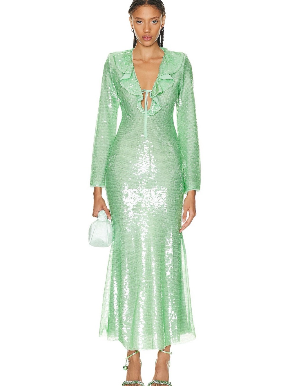 Self-Portrait Mint Green Sequin Ruffle V-Neck Maxi Dress